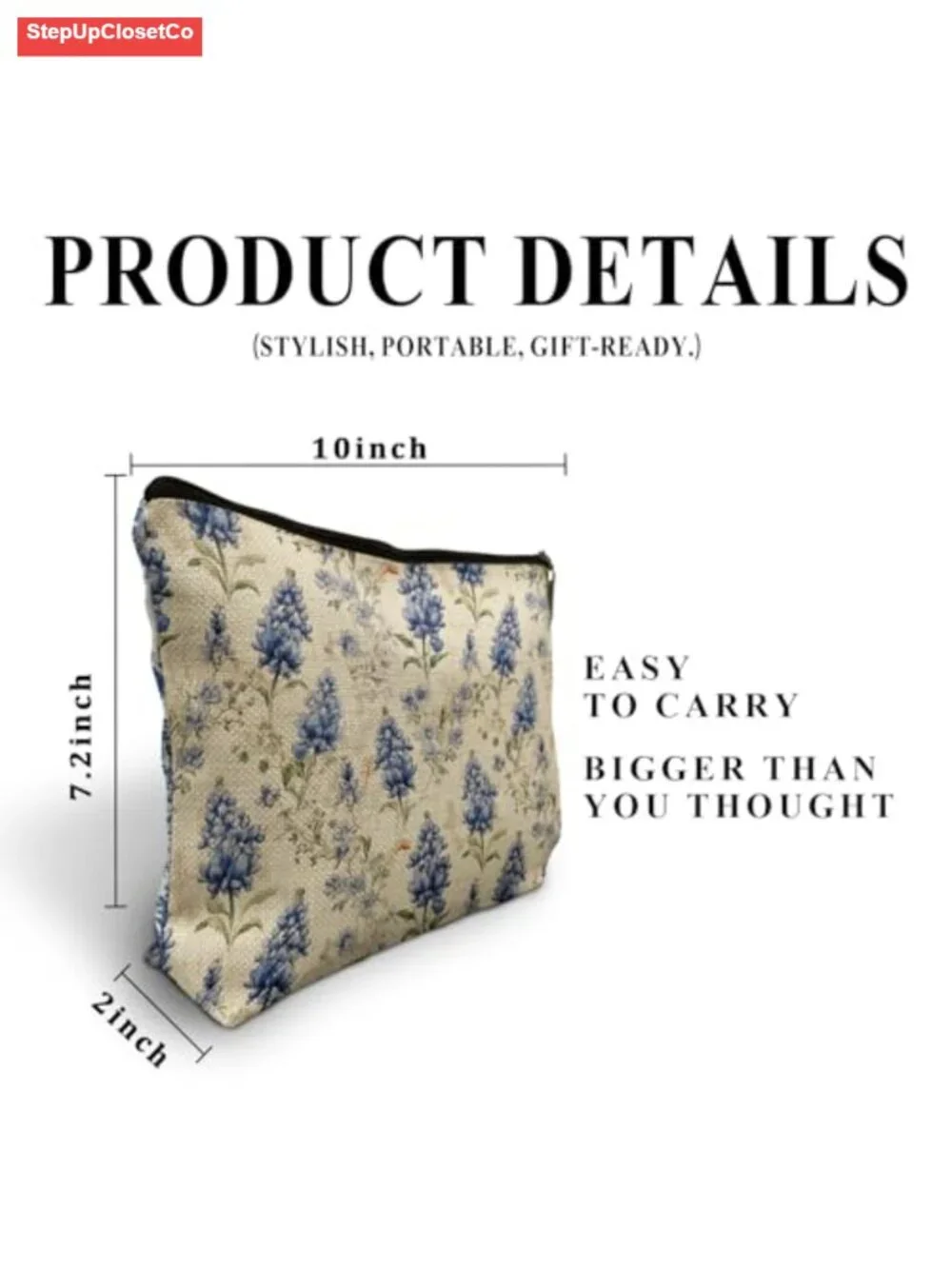 Vintage Texas Bluebonnet Floral Makeup Bag, Waterproof Linen Cosmetic Pouch,
